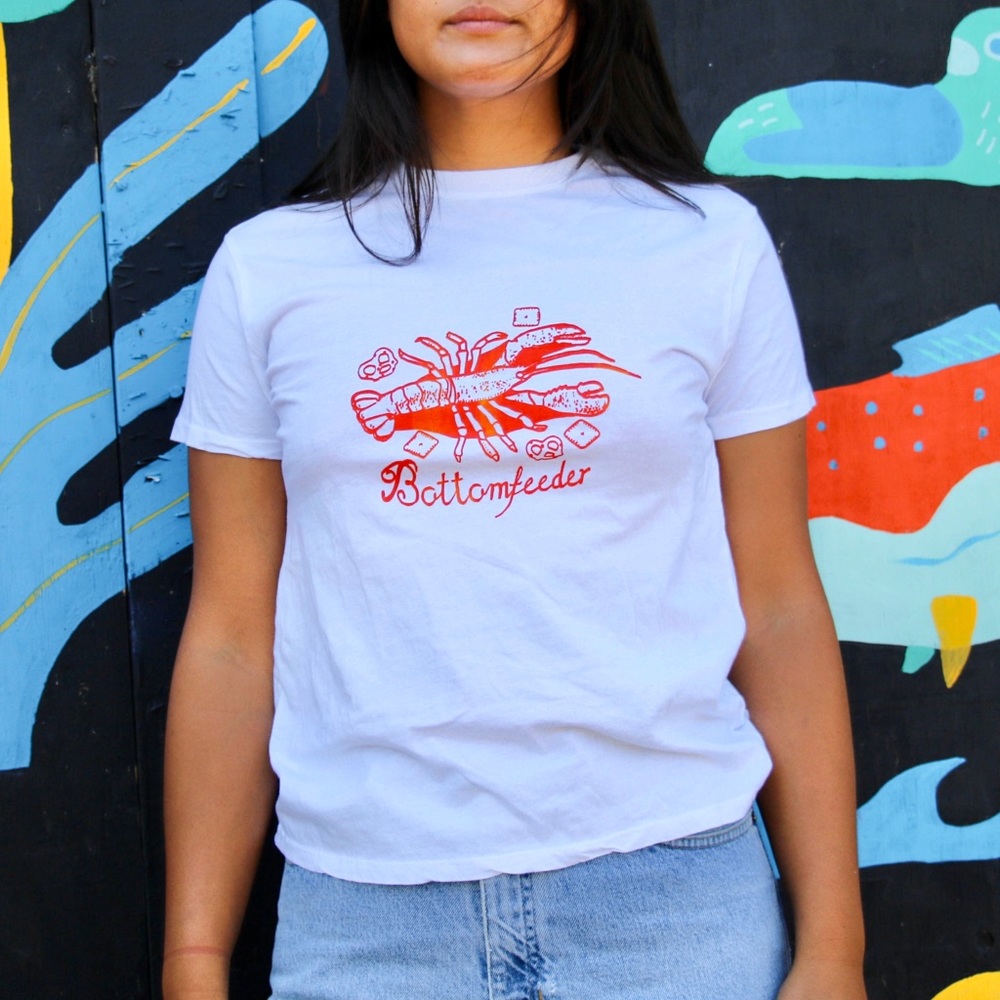 White T-Shirt with Bottomfeeder Lobster Print